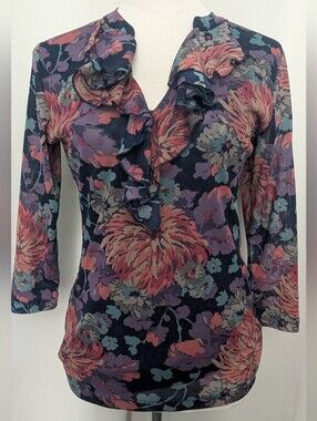 Chaps Floral Top W/ Ruffled Neck, Size M